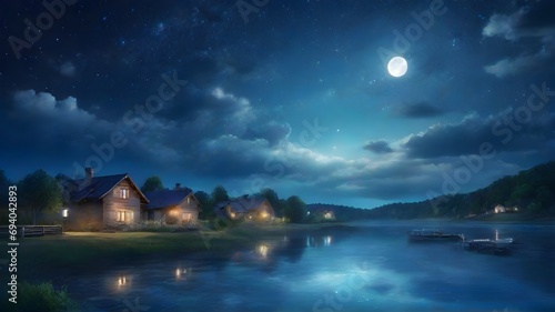 Beautiful night landscape with a cottage on the bank of the river.
