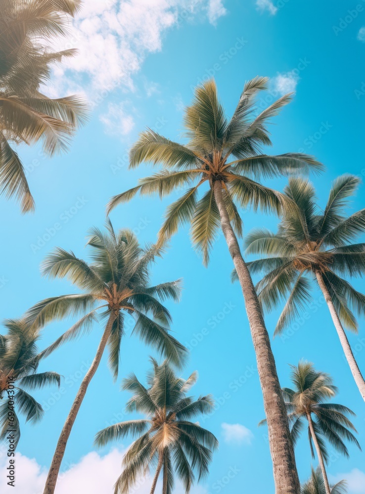 Obraz premium Palm trees sway in a serene tropical setting, the sky-blue canvas framing a tranquil and texture-rich scene.