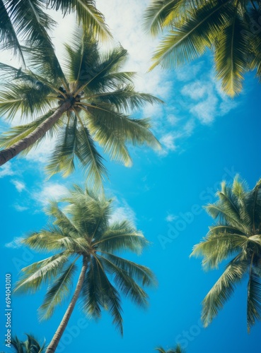 Palm trees sway in a serene tropical setting  the sky-blue canvas framing a tranquil and texture-rich scene.