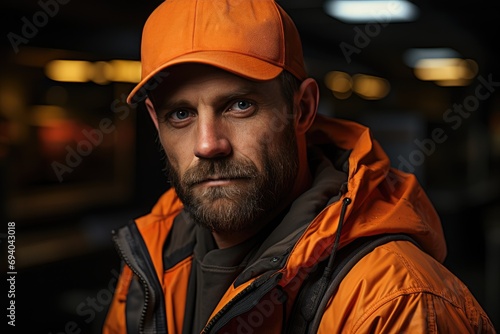 A bearded man with a striking orange hat and jacket stands confidently on a bustling street, his facial hair adding to his rugged appearance as he gazes directly at the camera, exuding a sense of bol © familymedia