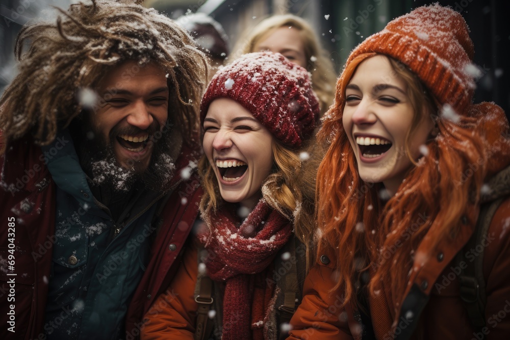 A joyful group of friends, bundled up in winter gear, sharing contagious laughter and smiles as they enjoy the snow-covered outdoors