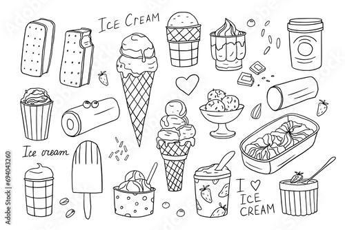 Big set of ice cream in doodle style. Ice cream waffle cones, ice cream bars on sticks. Great for summer dessert menu design, print, web or advertising. Coloring book. Hand drawn