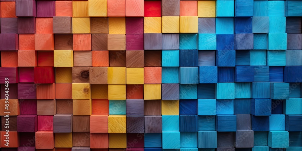 Mosaic of colorful wood blocks in rainbow pattern. Tiles stacked in abstract wallpaper background. Mosaic of colorful wood blocks in rainbow pattern. Tiles stacked in abstract wallpaper background.