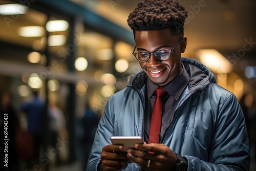 A stylish man in a coat and glasses smiles while checking his phone on a busy city street
