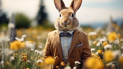 Portrait of a cute bunny wearing suit, on a field with flowers  in spring. photo