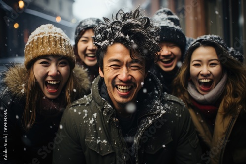 A joyful group of friends dressed in warm jackets, posing and laughing together on a snowy street, their beaming faces radiating pure happiness in the winter wonderland photo