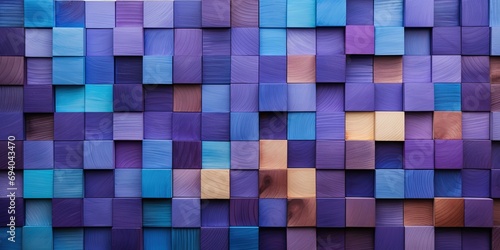 Mosaic of colorful wood blocks in rainbow pattern. Tiles stacked in abstract wallpaper background. 