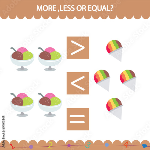 Vector education game for children more less or equal count the amount of cute cartoon ice cream