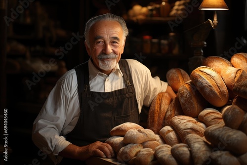 Baker with bread in bakery
