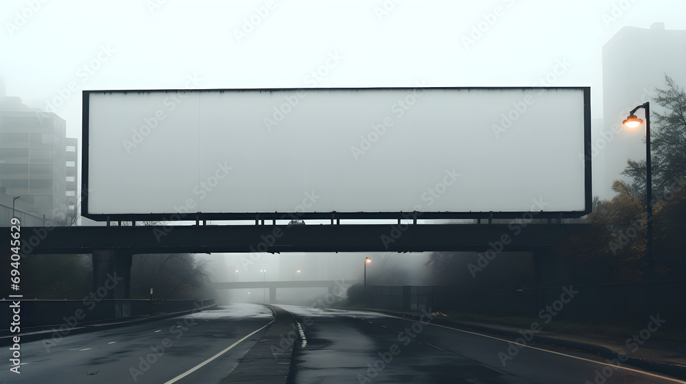 large, empty billboard stands above a deserted highway on a foggy day, with dim street lights and the silhouettes of buildings in the distance