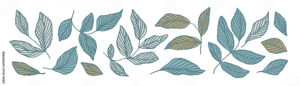 Collection of pastel colored outlined simple branches with leaves and veins.