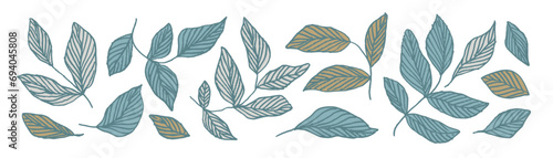 Collection of pastel colored outlined simple branches with leaves and veins.