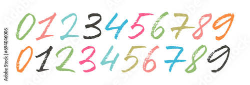 Hand drawn colorful charcoal numbers collection. Dirty textured vector digits.