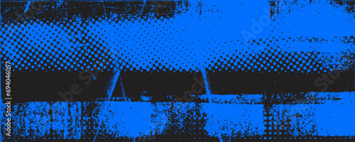Blue and black grunge background with dot halftone pattern. Abstract retro pixel vector banner.