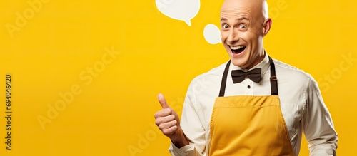 Bald man wearing apron pointing at yellow speech bubble with a grin. photo