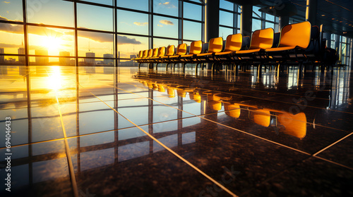 row of empty seats in an airport terminal  with a stunning sunset outside large windows  reflecting on the shiny floor