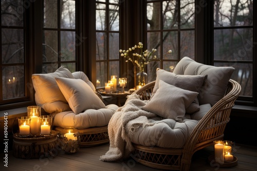 A cozy corner of the living room illuminated by candlelight, with a soft armchair and a blanket 