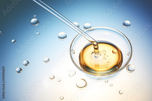 Cosmetic pipette with Cosmetic Essence oil Liquid drop with molecule on a Clean background, 3d rendering. photo