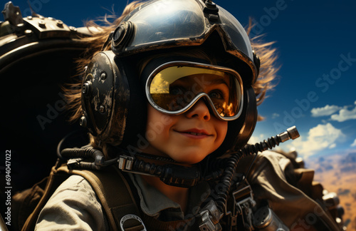 A boy with a helmet and goggles is flying high. A young boy wearing a helmet and goggles