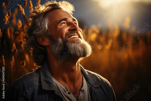 A rugged man radiates contentment amidst the golden hues of a sun-kissed field, his weathered face adorned with a proud beard and signature glasses photo