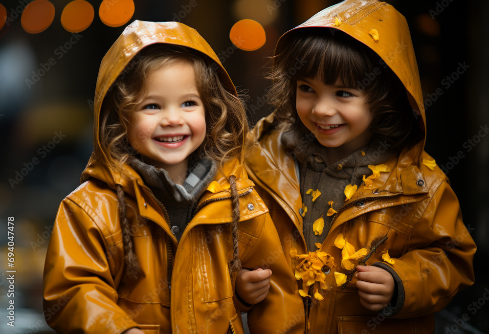 Two children are walking in the rain. Two little girls wearing raincoats standing next to each other Two children are walking in the rain. Two little girls wearing raincoats standing next to each other