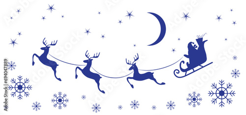 Christmas and new year reindeer with santa claus on a sleign. Moon, snowflakes and stars background. Vector illustration.