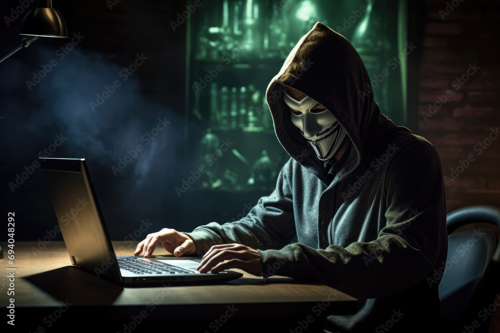 A hacker wearing anonymous mask and hacking pc. Ai generated A hacker wearing anonymous mask and hacking pc. Ai generated