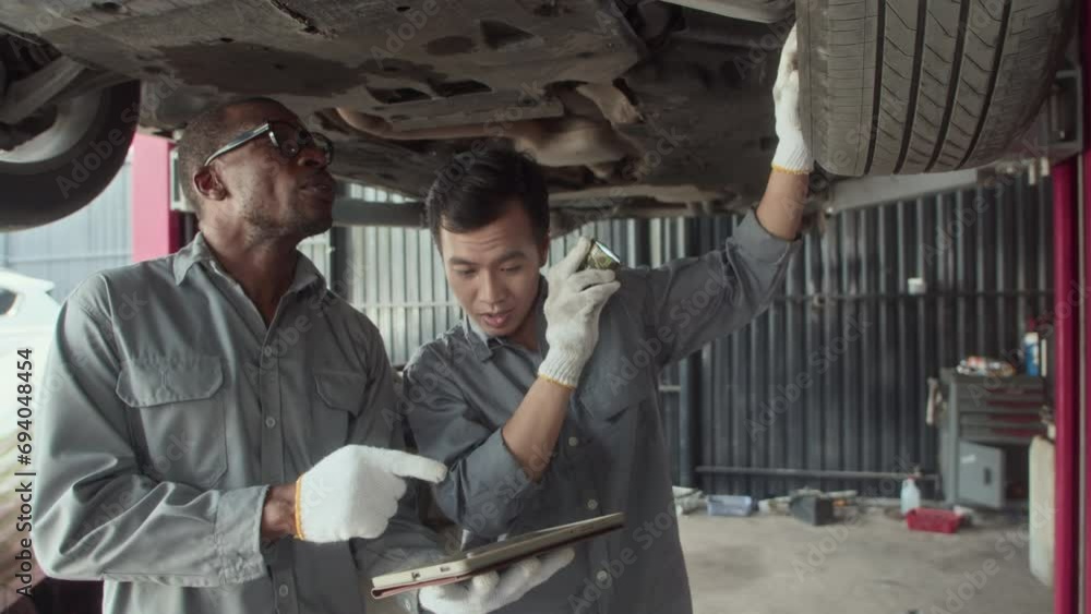 Medium long shot of multi-ethnic tire service workers examining size of car wheels using digital tablet at service station Medium long shot of multi-ethnic tire service workers examining size of car wheels using digital tablet at service station