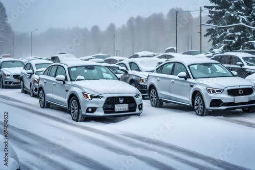 Snow-covered parked cars during a snowstorm.