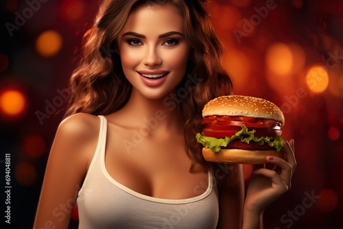 Portrait of a happy woman eating hamburger 