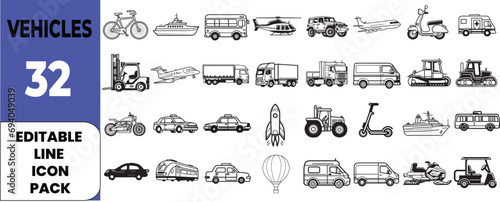 Editable Line Icons Set Featuring Various Vehicles – Taxi, Train, Helicopter, Bus, Ship, Plane, Tram, and More. Vector Illustration in Modern Thin Line Style, Isolated on White Background