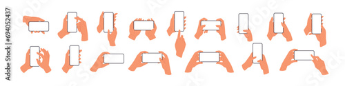 Mobile phones mockups, smartphone screens in hands set. Holding blank display, cellphones. Flat vector illustrations