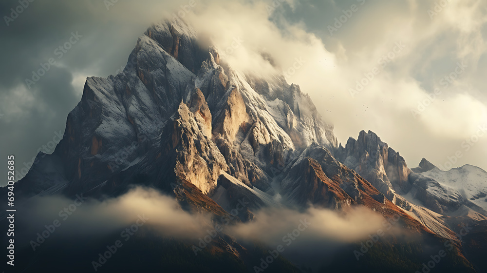 tall mountains with clouds , in the style of golden light, italian landscapes, atmospheric woodland imagery