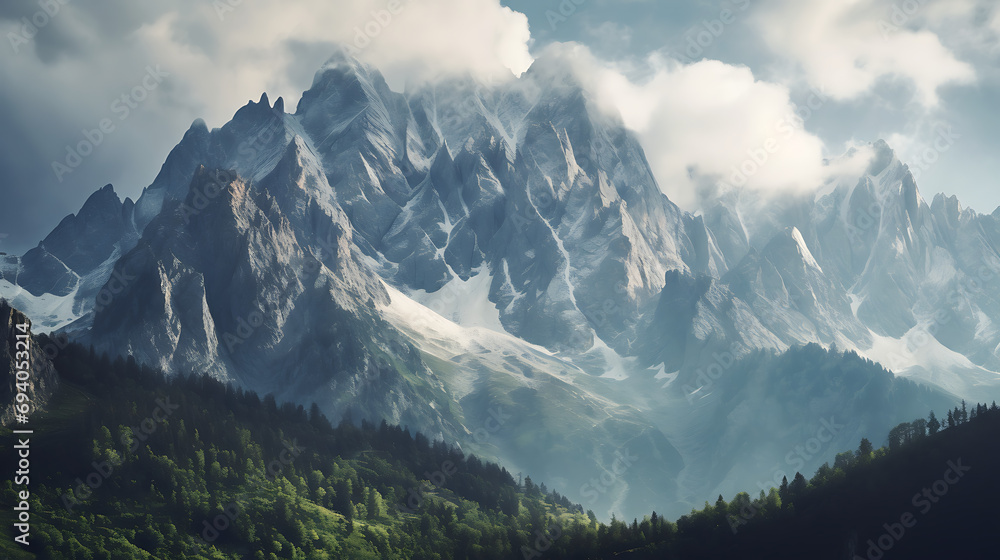 tall mountains with clouds , in the style of golden light, italian landscapes, atmospheric woodland imagery