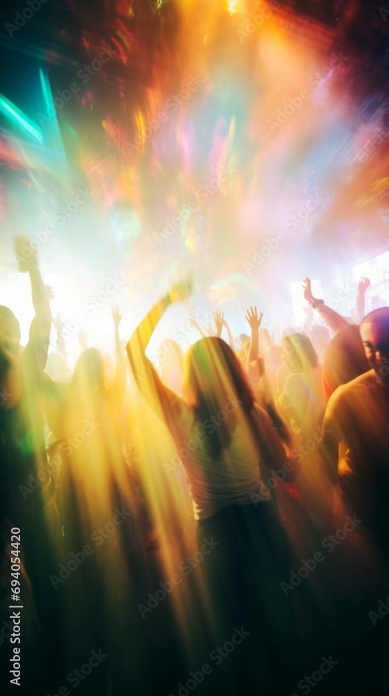 People at a concert in smoke raising their hands. Blurred background and movements. Energetic music party. Live music and fun. Concept of celebration, lively crowd, madness. Vertical banner