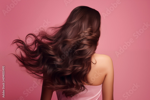 Back view of a beautiful woman with long wavy brunette hair on the pink background photo