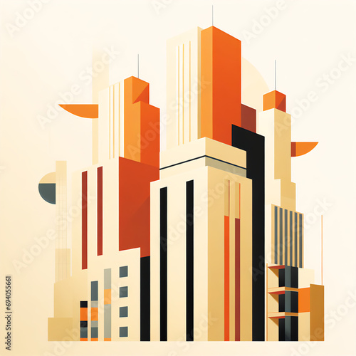Mid-Century Skyscraper  A Geometric Illustration with Flat Colors and Clean Lines