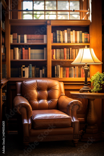 Peaceful Library Scene with Books and Comfortable Reading Nook © Saran