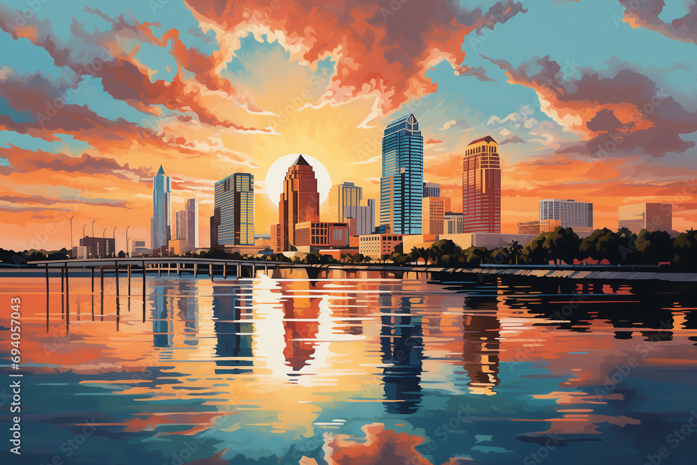 stylized skyline of Tampa with a vibrant sunset reflection on water - obrazy, fototapety, plakaty 