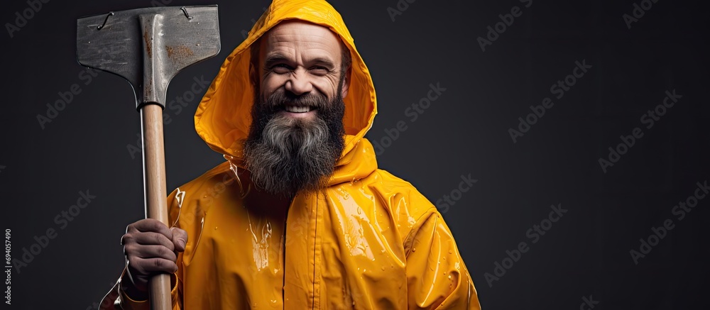 Obraz premium Man in bright raincoat holding big axe, like a lumberjack or fisherman.
