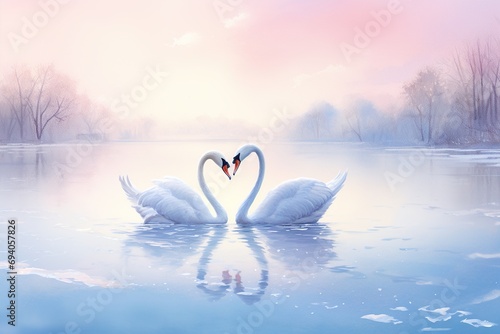 Fototapeta Naklejka Na Ścianę i Meble -  A delicate watercolor scene of swans forming a heart shape on a serene lake, with soft pink and blue hues