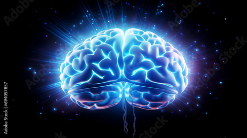 Shiny brain on dark space background. Peace of mind, mindfulness, and yoga concepts. Power of thoughts. Connection with a Superbrain or artificial intelligence, AI
