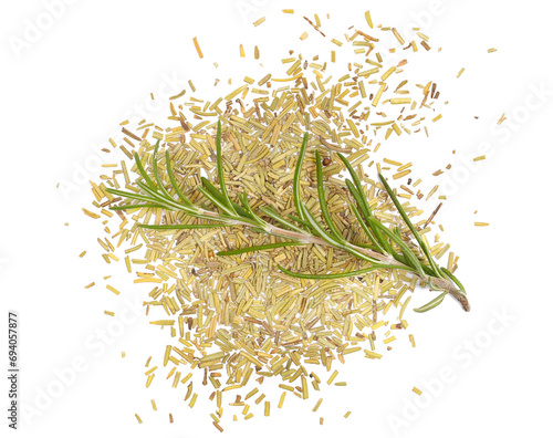 Fresh green rosemary twigs and leaves and pile chopped dried leaf isolated on white, clipping path, Rosmarinus salvia