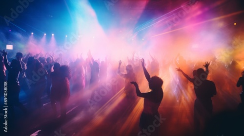 People at a concert in smoke raising their hands. Blurred background and movements. Energetic music party. Live music and fun. Concept of celebration, lively crowd, madness. Horizontal banner