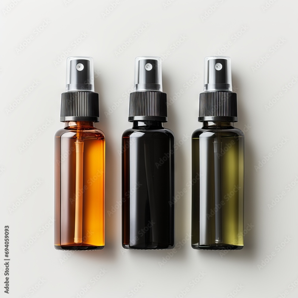 Various bottles / spray bottles made of glass and metal for cosmetics, natural medicine , essential oils or other liquids isolated over a black background, top view Various bottles / spray bottles made of glass and metal for cosmetics, natural medicine , essential oils or other liquids isolated over a black background, top view