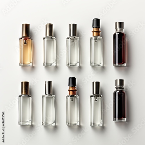 Various bottles / roller bottles / spray bottles made of glass and metal for cosmetics, natural medicine , essential oils or other liquids isolated over a black background, top view 
