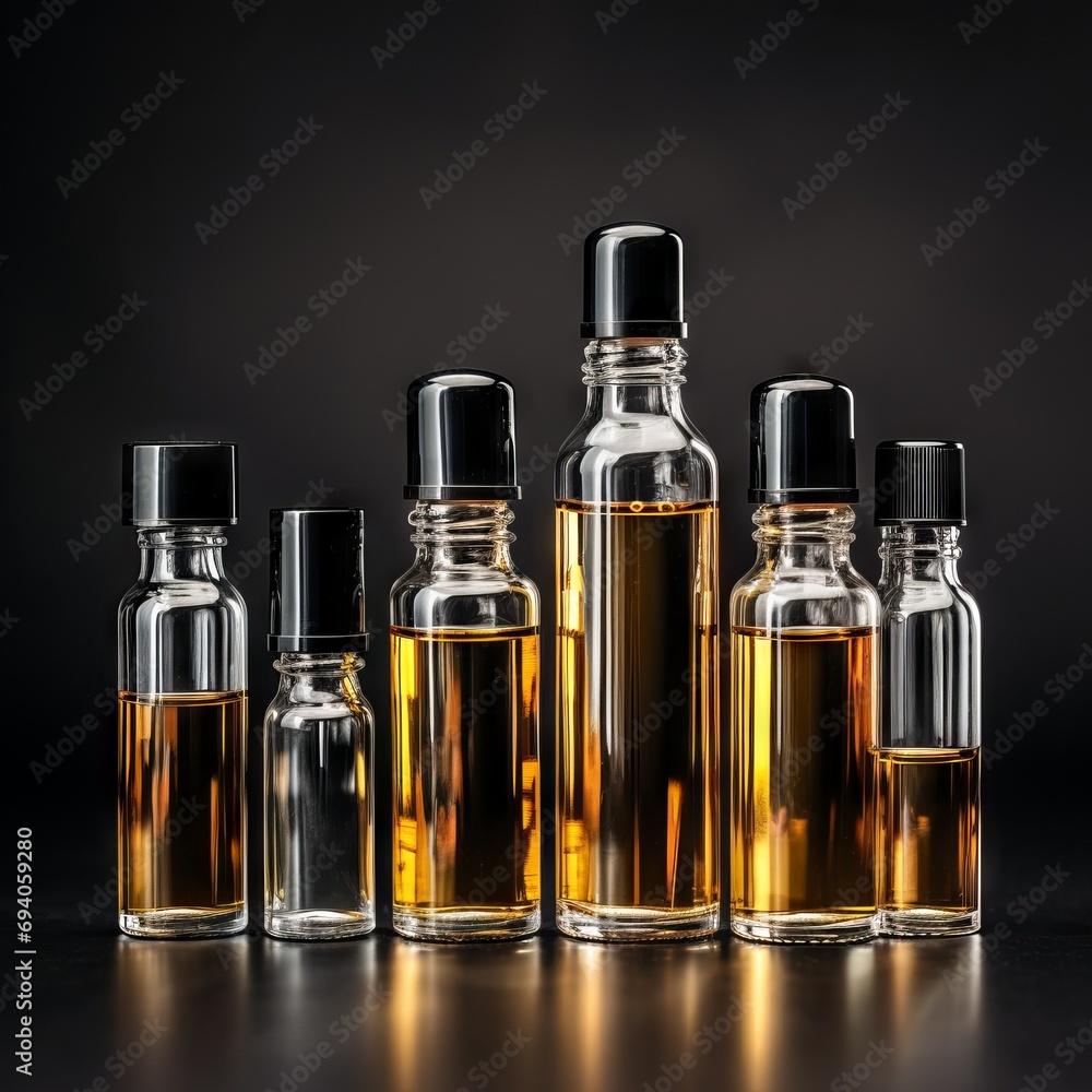 Various bottles / spray bottles made of glass and metal for cosmetics, natural medicine , essential oils or other liquids isolated over a black background, top view Various bottles / spray bottles made of glass and metal for cosmetics, natural medicine , essential oils or other liquids isolated over a black background, top view
