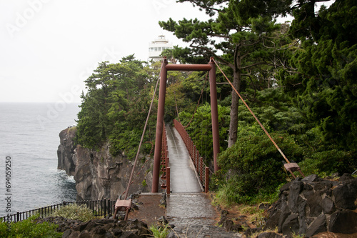 The Kadowaki Suspension bridge looms right above the Jogasaki coast. photo