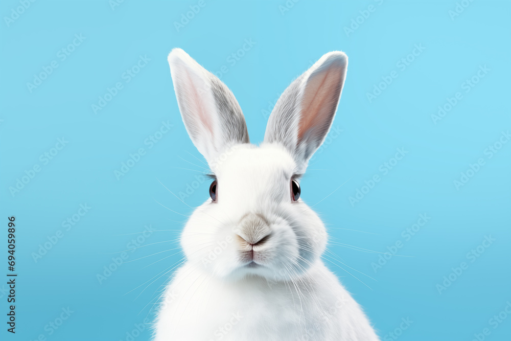 Fototapeta premium Close up view on a white rabbit on a light blue background. Easter concept