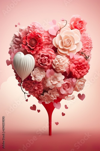 A romantic Valentine's Day flyer with a large heart-shaped balloon, soft pink and red color scheme, and elegant floral decorations